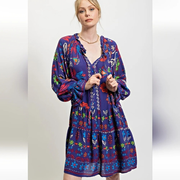 New! Easel Boho Flower Floral Blue Long Sleeve Dress - Picture 2 of 6